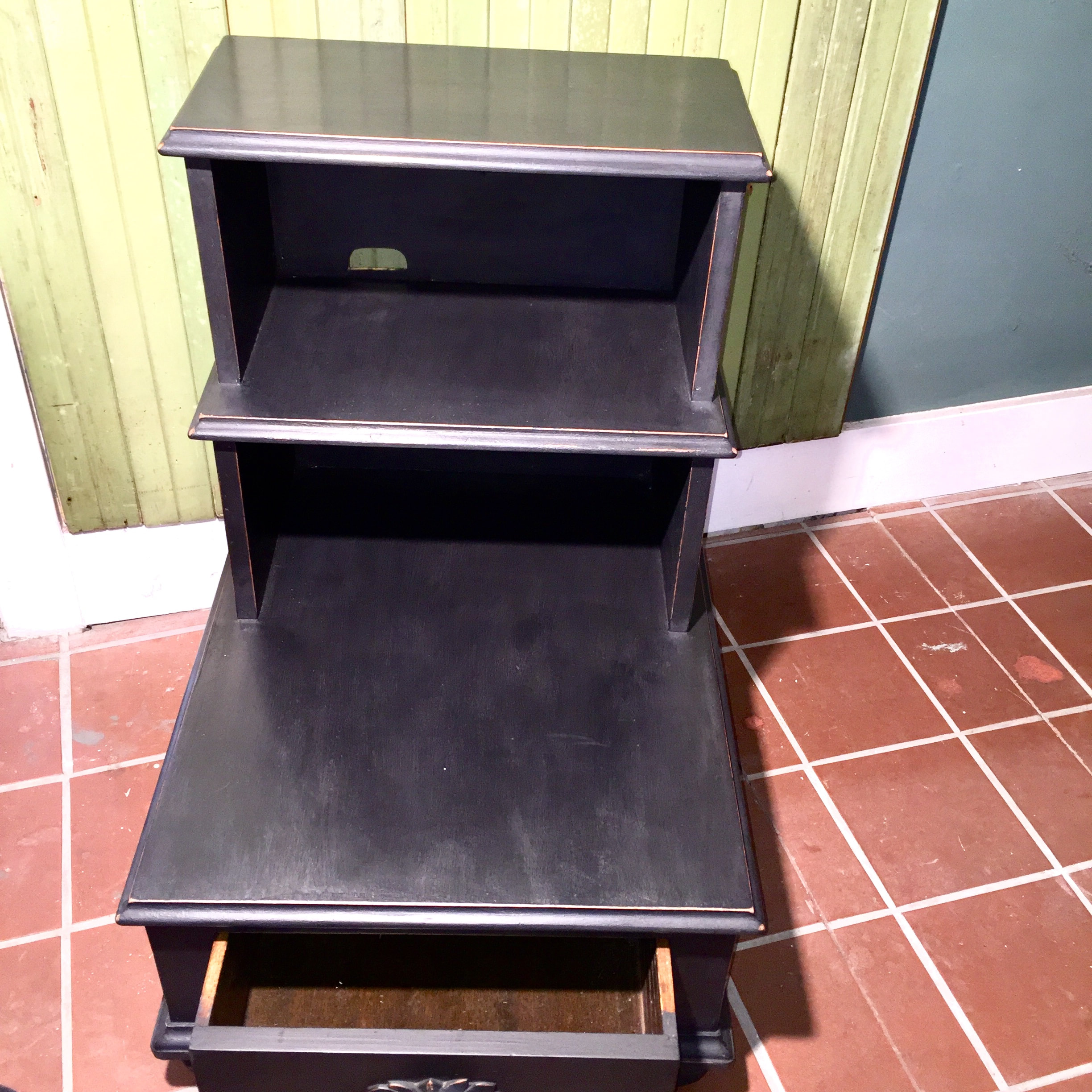 Black Painted 3 tier side table w/drawer